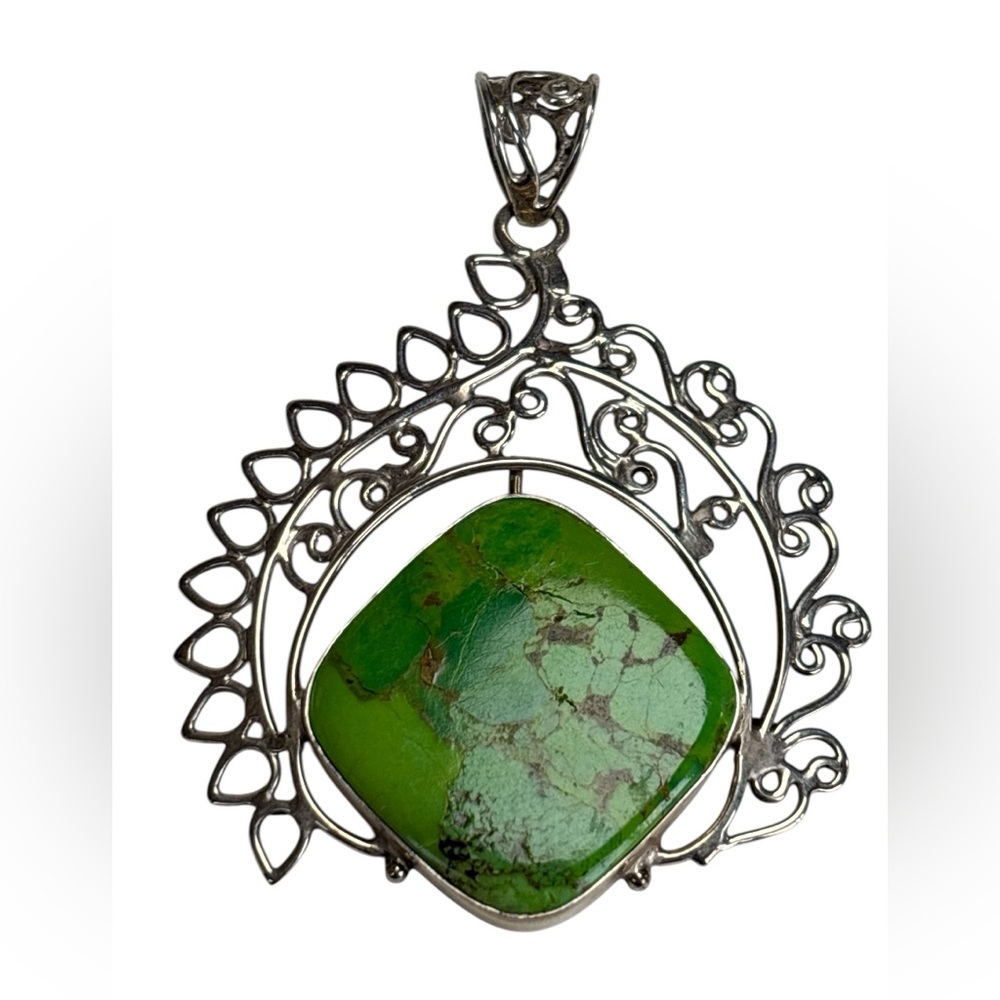 Sterling Silver Green Turquoise Pendant – Large Ornate Filigree 2.5–3” Boho